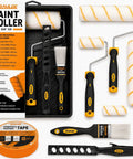 Top Shelf DIY Home Improvement Paint Roller Kit With Wired Cage Trays Sturdy Angled Brushes Nine And Four Inch Rollers Heavy Duty Masking Tape And Mixing Wand For Buttery Smooth Walls, including various rollers and brushes.