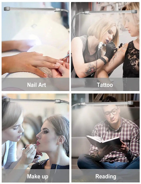 Flexible LED Gooseneck Clip On Desk Lamp With 8W Power in use for nail art, tattoo, makeup, and reading tasks.