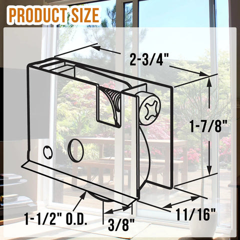 Diagram of Two Pack Sliding Patio Door Rollers Replacement Kit dimensions, featuring 1.5-inch steel ball bearing wheels.