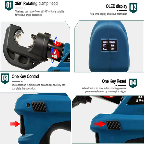 Rechargeable Electric Hydraulic Crimping Tool with 350° rotating clamp head and OLED display for easy control.