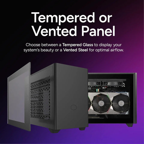 NR200P V2 Mini ITX PC Case with removable tempered glass and vented panel option, showcasing internal components.