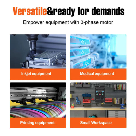 Four images showcasing uses of Single Phase To Three Phase VFD Inverter for spindle motors in various equipment.