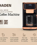 Heavy Duty 12 Cup Dual Brew Coffee Maker Built For Hot And Cold Brewing Keep Warm Plate Delay Timer in sleek black with copper accents.
