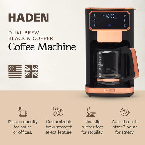Heavy Duty 12 Cup Dual Brew Coffee Maker Built For Hot And Cold Brewing Keep Warm Plate Delay Timer in sleek black with copper accents.