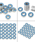 MR115-2RS Blue Beefy 5x11x4mm Skateboard Bearings, 25-Piece Rubber-Sealed Small Bearings Set displayed in groupings