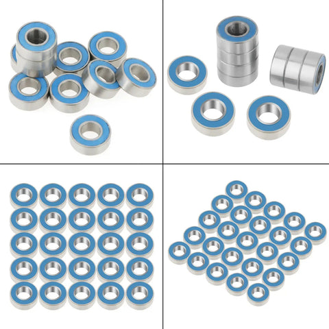 MR115-2RS Blue Beefy 5x11x4mm Skateboard Bearings, 25-Piece Rubber-Sealed Small Bearings Set displayed in groupings