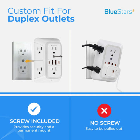No Cap Wall Mount Power Strip With 6 Widely Spaced Outlets And 4 Rapid Charge USB Ports Includes Chill Night Light And Heavy Duty Surge Protection For Your Entire House. Image showing dual outlet configuration with power strip.