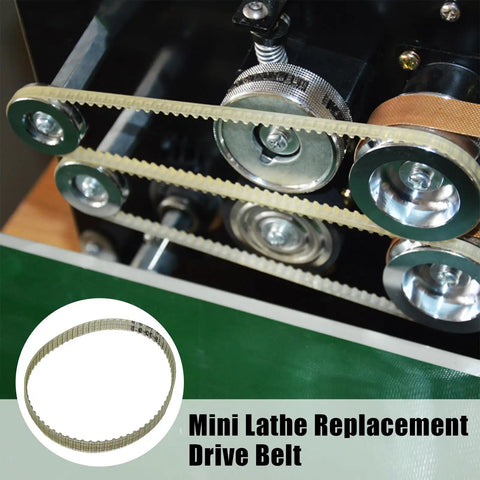 Built Damn Tough 1.5M 70 Tooth Steel Reinforced Mini Lathe Drive Belt shown on machine pulleys for C2 C3 CJ0618 use.