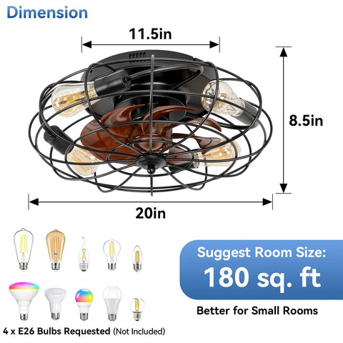 Dimensions of flush mount ceiling fan with lights, 20 inch, black finish, 4 E26 bases, low profile design, reversible motor.