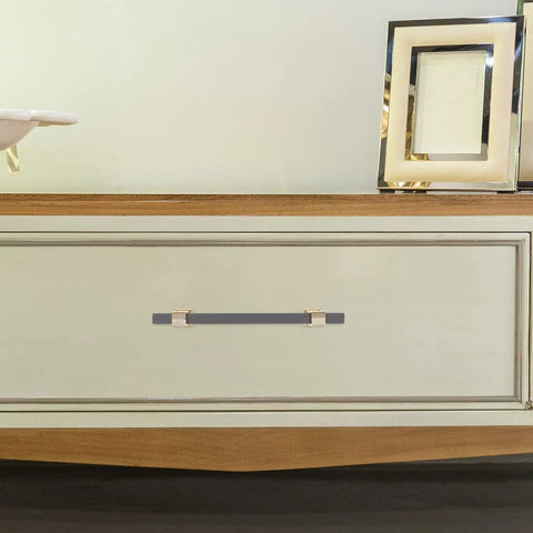 Two Tone Wardrobe Handle And Cabinet Pull Upgrade For Closet Doors And Kitchen Cabinets Metal Drawer Pulls In Gold And Grey Finish Modern European Style Hardware Replacement For A Slick Everyday Look installed on a dresser drawer.