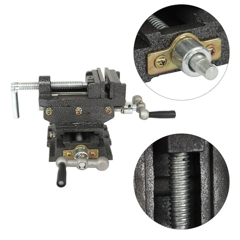 3 Inch Cross Slide Drill Press Vise 2 Way XY Heavy Duty Clamp Machine with close-up on handle and thread detail