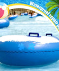 Blue Rectangle Patch Vinyl Liner Repair Kit for Above Ground Pools shown on an inflatable tube with waterproof repair patch label