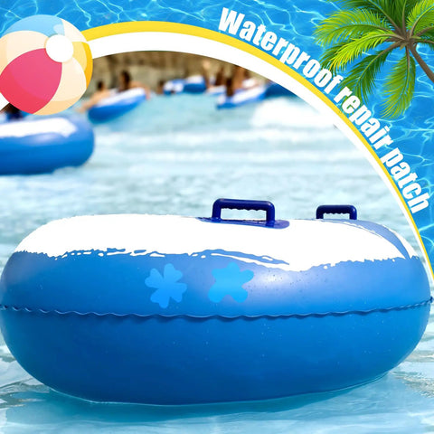 Blue Rectangle Patch Vinyl Liner Repair Kit for Above Ground Pools shown on an inflatable tube with waterproof repair patch label
