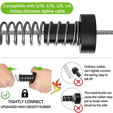 Extra Long Zipline Spring Brake For Backyard Fun 6.6ft Heavy Duty Stopper System, showing stainless steel spring and cable compatibility.