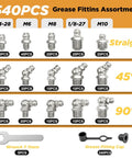 Vigruve Heavy Duty Grease Zerk Fittings Kit With 540pcs Galvanized Npt And Sae Metric Accessories Including Straight 45-90 Angled Nozzles Plus Caps And Wrench For Tough Outdoor Gear And Vehicles, 540pcs kit