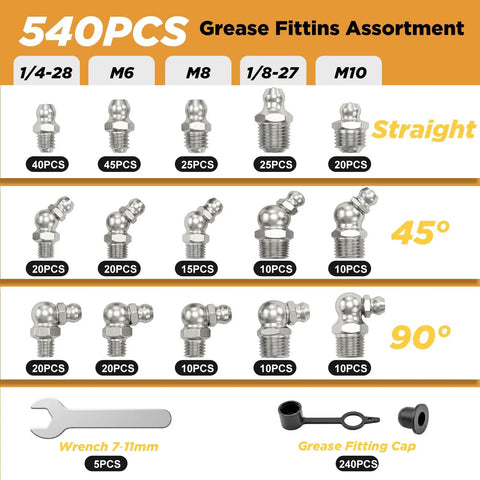Vigruve Heavy Duty Grease Zerk Fittings Kit With 540pcs Galvanized Npt And Sae Metric Accessories Including Straight 45-90 Angled Nozzles Plus Caps And Wrench For Tough Outdoor Gear And Vehicles, 540pcs kit