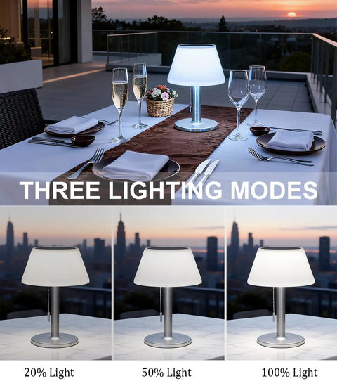 Solar Powered Outdoor Table Lamp With 3 Way Dimmable LED on patio dining table at sunset, showcasing three lighting modes.