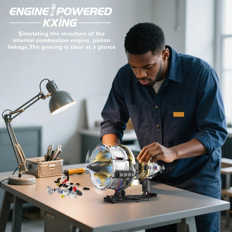 Man assembling Dope Aircraft Engine Building Kit That Actually Works For Adults With App Control Mini Turbojet Model Kit on desk