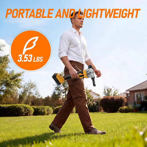 Man walking outdoors with Awesome Cordless Metal Nibbler Compatible With DeWalt 20V Battery, lightweight at 3.53 lbs.