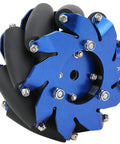 Mecanum wheel, blue anodized aluminum, 4in, TPU rollers for omnidirectional robot drive (right wheel)