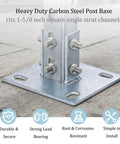 Close-up of 4 Piece Strut Post Bases for 1-5/8 Inch Square Single Channel U Shape Floor Mount With 4 Slotted Holes, installed on concrete.