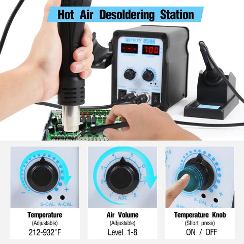 2 In 1 SMD Hot Air Rework Station With Digital Soldering Iron And Heat Gun in use, featuring adjustable temperature and air volume