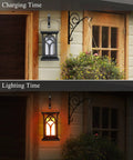 Outdoor Flickering Flame Solar Lanterns 2 Pack No Fuss Waterproof Wall Sconce Lights with 3 Lighting Modes on house wall