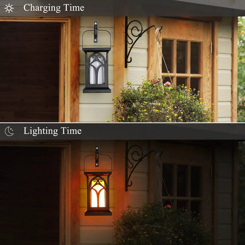 Outdoor Flickering Flame Solar Lanterns 2 Pack No Fuss Waterproof Wall Sconce Lights with 3 Lighting Modes on house wall
