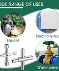 Two Pack 4 Way and 6 Way Sillcock Water Key Set showing use on faucet, electricity box, and water valve for plumbers and DIYers
