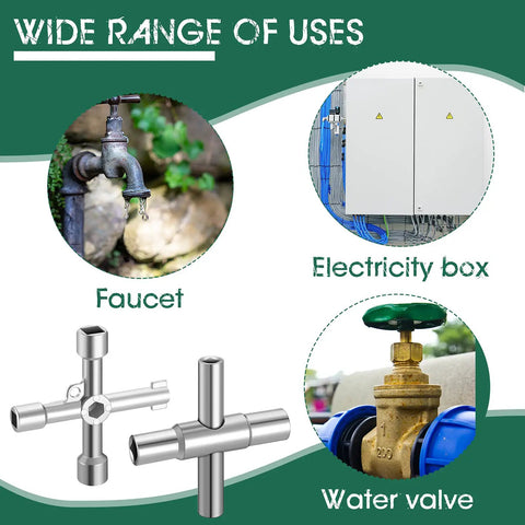 Two Pack 4 Way and 6 Way Sillcock Water Key Set showing use on faucet, electricity box, and water valve for plumbers and DIYers