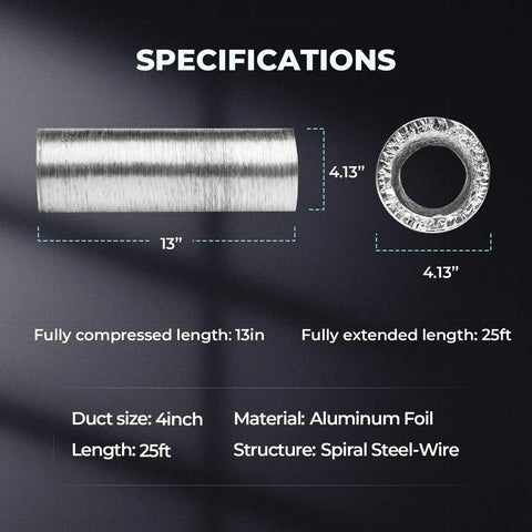 Specifications of Insulated 4 Inch Dryer Vent Hose Flexible Duct 25 Feet With Stainless Steel Clamps Included Built To Last