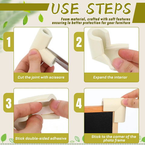 White Foam Corner Protectors 12-Piece U-Shaped Edge Guards for Furniture and Photo Frames use steps illustration