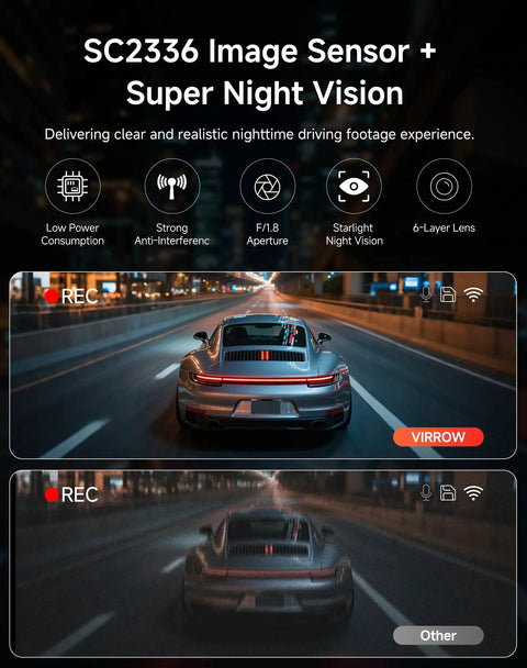 Dual Front And Rear Dash Cam With 4K Front And 2.5K Rear, Built-In WiFi, showing night vision of a car on a highway