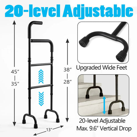 Easy Peasy Assembly Adjustable Stair Climbing Cane For Seniors with 20-level adjustment and wide feet for stability.