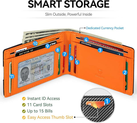 Open Slim RFID Blocking Leather Wallet For Men Front Pocket Card Holder With Carbon Fiber Look, showing 11 card slots, orange interior.