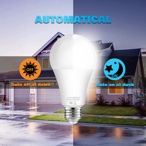 Outdoor Dusk To Dawn LED Light Bulbs 11W Auto On Off Sensor Daylight 5000K A19 with E26 Base highlighting on off feature