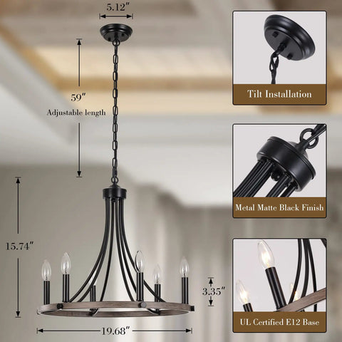 Wagon Wheel Farmhouse Chandelier With Six Lights, Black Round Pendant Light For Dining Room, Rustic Wood Grain Finish, Adjustable Height.
