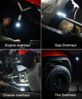 Four images showing telescoping camping light with 12000mAh battery used for engine, gap, chassis, and tire overhaul at night.
