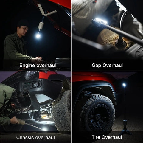 Four images showing telescoping camping light with 12000mAh battery used for engine, gap, chassis, and tire overhaul at night.