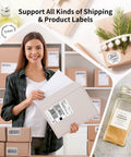 Slick Wireless Bluetooth Thermal Printer For Quick 4X6 Shipping Label on packaging supported by a smiling woman.