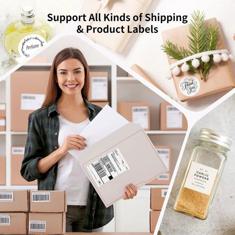 Slick Wireless Bluetooth Thermal Printer For Quick 4X6 Shipping Label on packaging supported by a smiling woman.