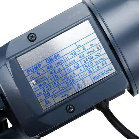 Close-up of label on Heavy Duty Half HP Electric Centrifugal Water Pump For Pools Ponds Tanks And Rain Barrels Cast Iron Body Brass Impeller