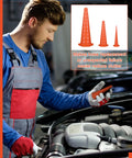 Mechanic using Hydraulic Oil Service Plugs Set Three Sizes Large Medium Small 35 Piece Orange Rubber Drip Proof Hose Plugs