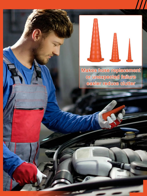 Mechanic using Hydraulic Oil Service Plugs Set Three Sizes Large Medium Small 35 Piece Orange Rubber Drip Proof Hose Plugs