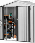 6x4 Ft Outdoor Storage Shed Lockable Metal Tool Shed Waterproof Garden Shed With Vents showing interior shelving and tools