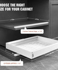 4 Pack White Pull Out Cabinet Organizers 21 Inch Deep Adjustable Width showcasing size chart for cabinet compatibility