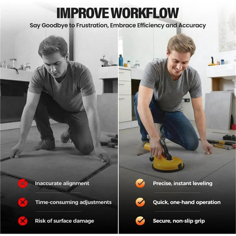 Professional Adjustable Height Setter Countertop Leveling Tool Kit with Sticky Suction Cups, man using suction cup for tile leveling.
