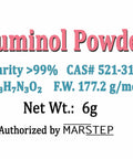 Front label of Luminol Powder pack, 6g for 16 oz solution, high purity over 99%, lab grade for science experiments.