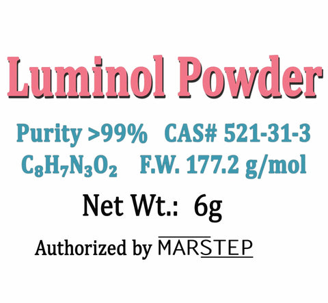 Front label of Luminol Powder pack, 6g for 16 oz solution, high purity over 99%, lab grade for science experiments.
