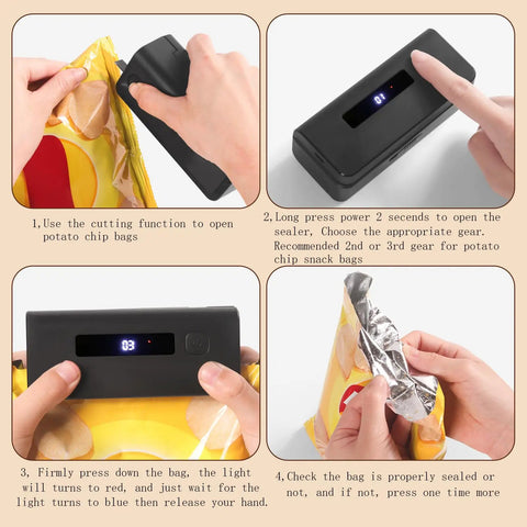 Pocket Size Bag Sealer With USB 1300mAh Rechargeable Battery LED Power Display 9 Adjustable Sealing Gears in use on snack bags